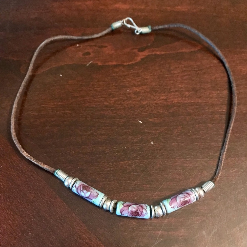 Vintage 1990s Black Leather Cord Necklace with Floral Beads